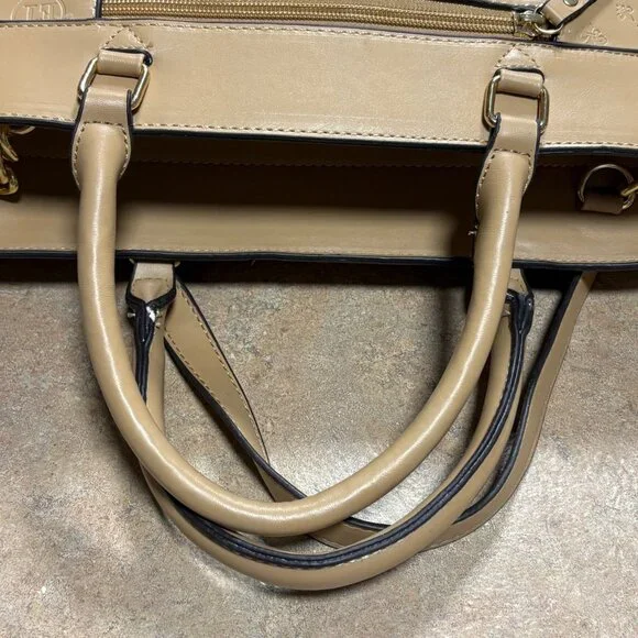 Ellen Tracy Monogram Signature Collection Double Handle Satchel Tan Faux Leather - Picture 11 of 16